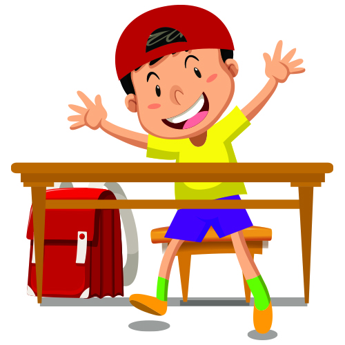 Boy with ballcap and backpack sitting at a desk