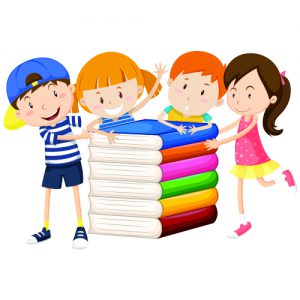 Children with a pile of rainbow colored books