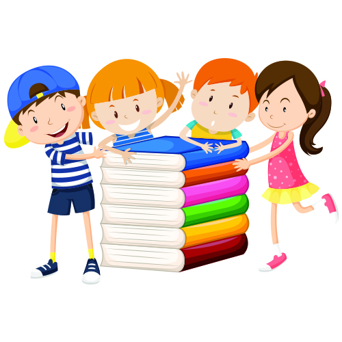 Children with a pile of rainbow colored books