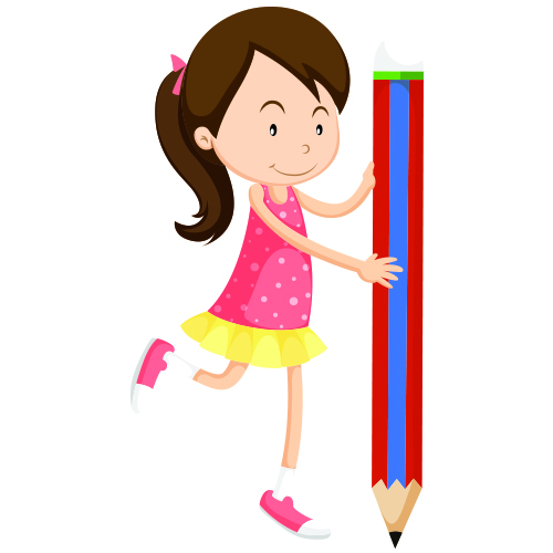 Girl with giant red and blue pencil