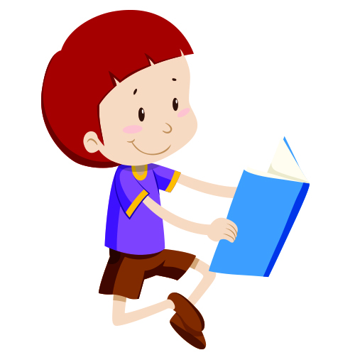 Red headed boy sitting cross legged reading a blue book