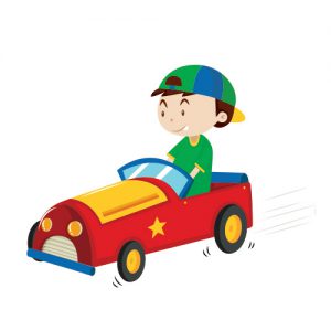 Boy driving red car