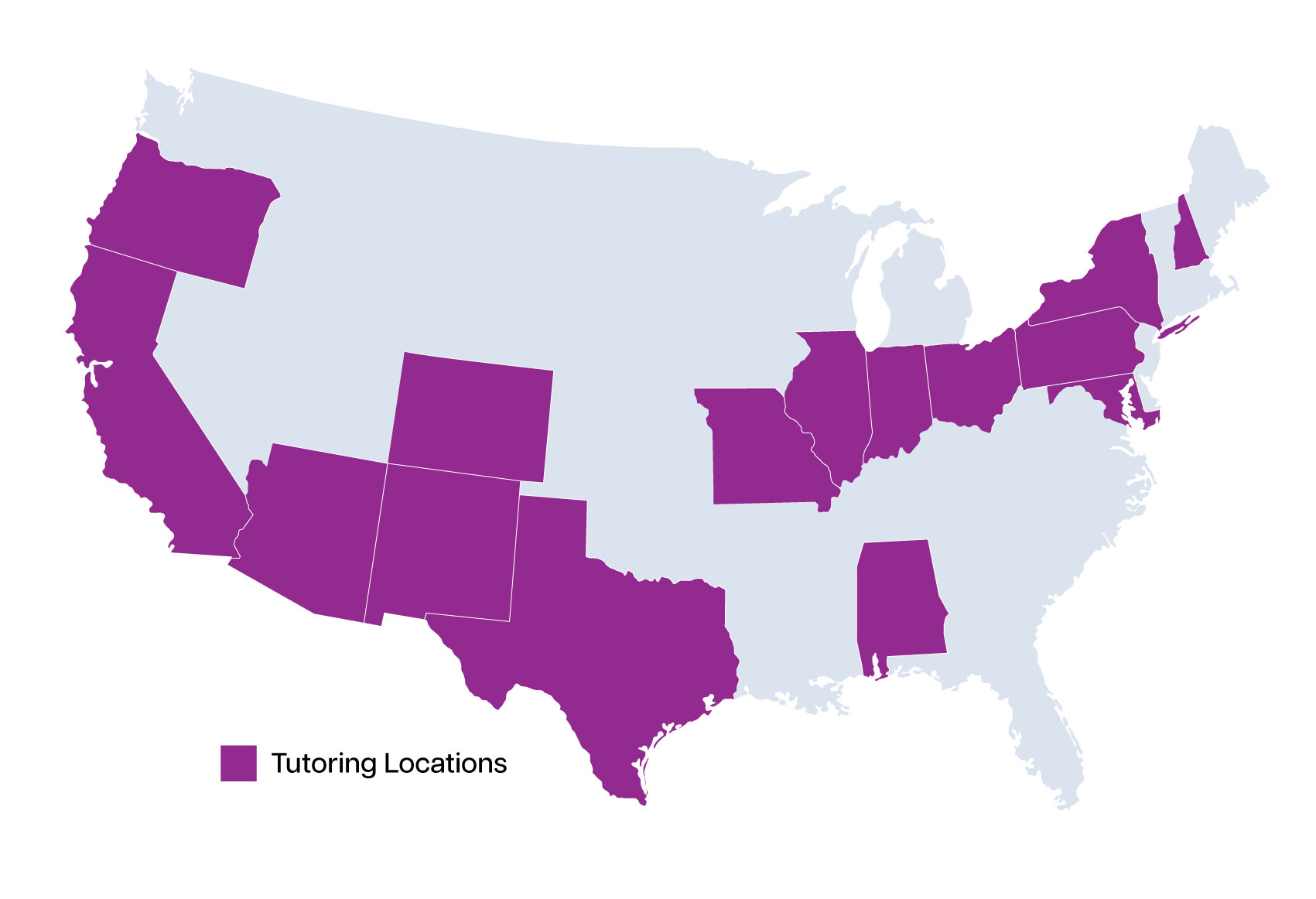 Tutroing-Centers-map Map of states highlighted in purple that have Oasis tutoring