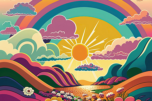 Sun and Rainbow graphic summer banner with sun and clouds